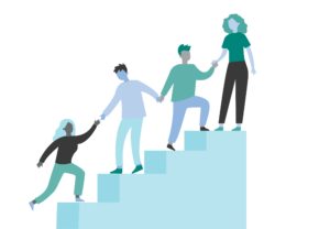 Illustration showing people helping each other up the stairs.